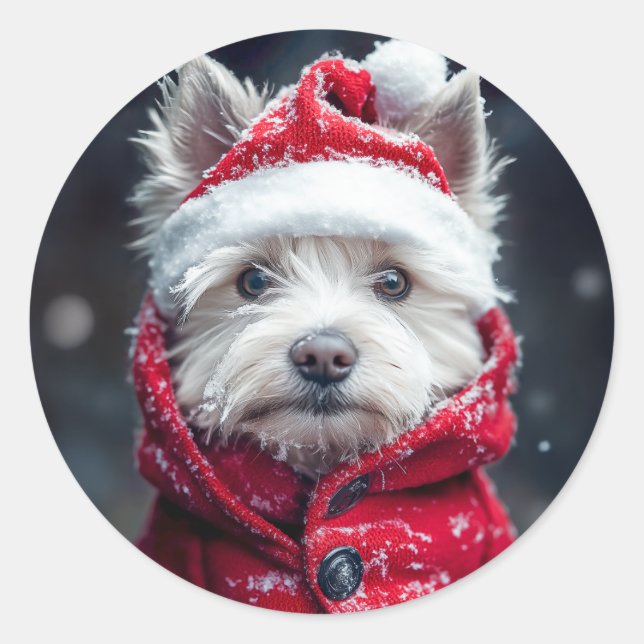 Feierliche Westie im Schnee Runder Aufkleber (Vorderseite)