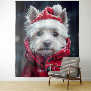 Feierliche Westie im Schnee Wandteppich