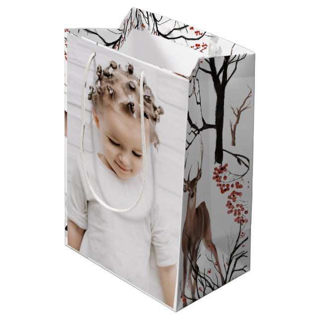 Feierliche Winterruhe Zwei Fotos Weihnachten Mittlere Geschenktüte (Rückseite Schrägansicht)