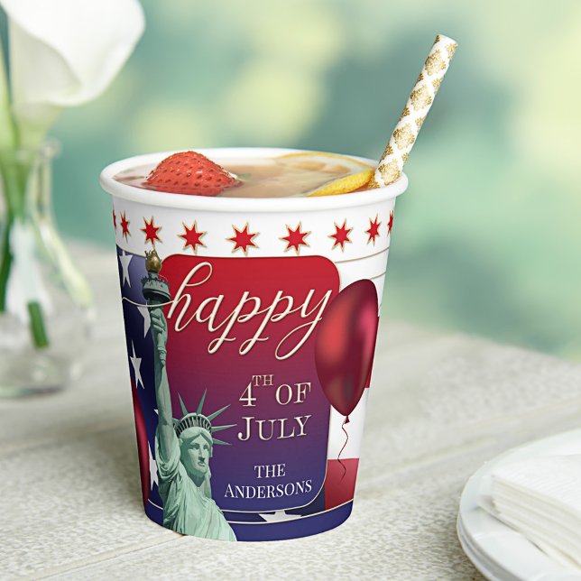 Feierlicher 4. Juli Unabhängigkeitstag Papier Cups Pappbecher (Festive paper cups featuring a USA flag with statue of liberty and stars and stripes - 4th of July)