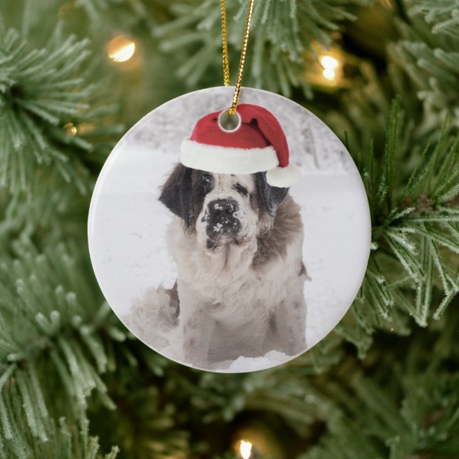 Feierlicher Hund mit Weihnachtsmannmütze Keramik Ornament (Baum)