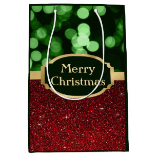 Feierlicher Roter Glitzer und grüner Bokeh Weihnac Mittlere Geschenktüte