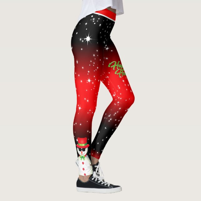 Feierlicher Schneemann auf Schwarz und Rot Starry  Leggings (Rechts)