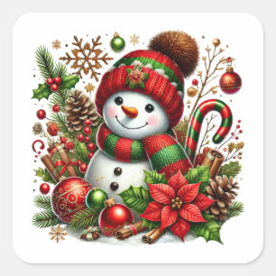 Feierlicher Schneemann in Rot und Grün Quadratischer Aufkleber