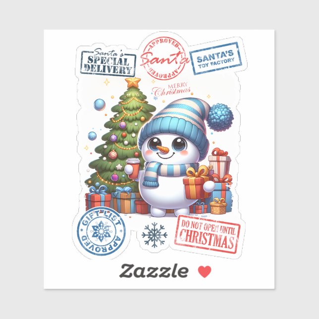 Feierlicher Schneemann mit Geschenken in der Nähe  Aufkleber (Blatt)
