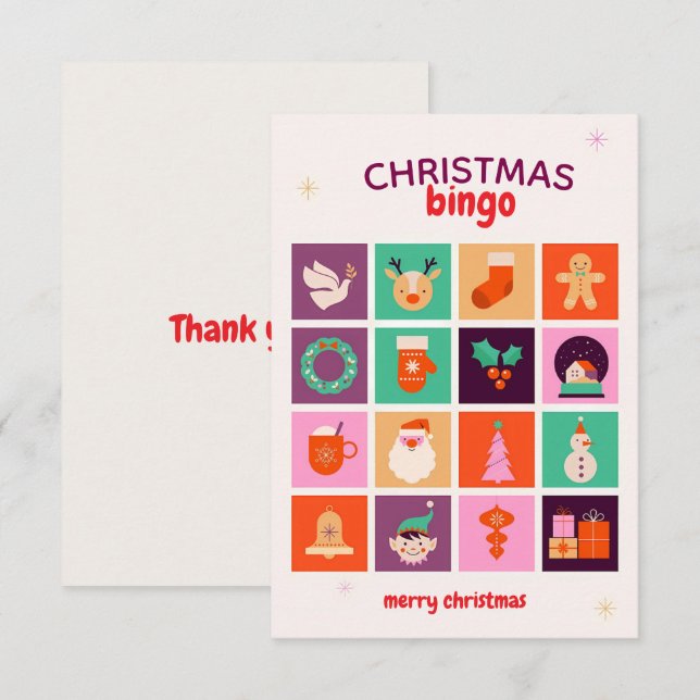 Feierlicher Spaß Illustriertes Weihnachtsbingo Dankeskarte (Vorne/Hinten)