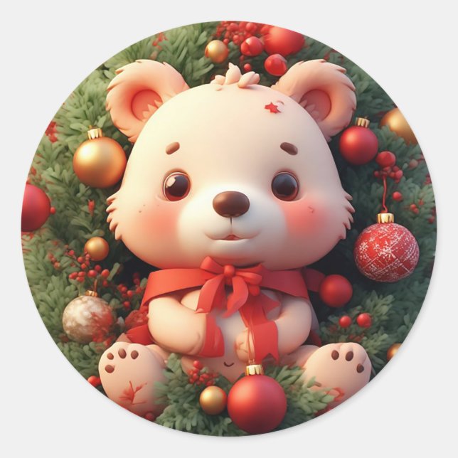 Feierlicher Teddybär mit Geschenken und Weihnachts Runder Aufkleber (Vorderseite)