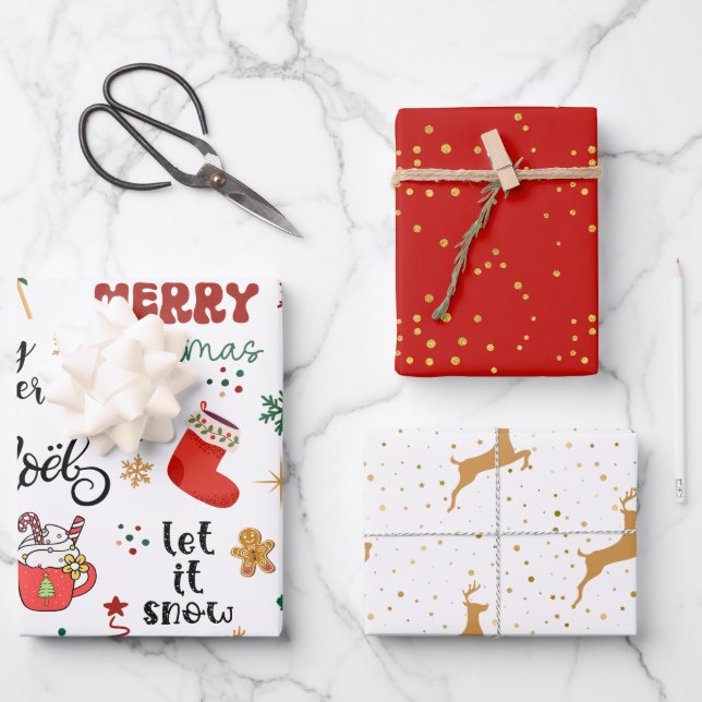 Feierlicher Text, Red & Gold Dot und Goldener Rent Geschenkpapier Set (Vorderseite)