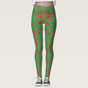 Feierlicher Urlaub Grün und Rot Damaskus Leggings