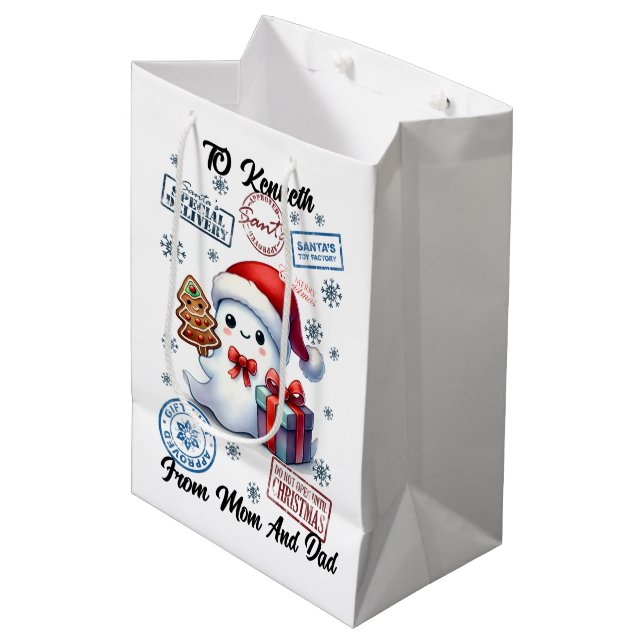 Feierlicher Urlaubssack mit fröhlichen Geschenken Mittlere Geschenktüte (Vorderseite Schrägansicht)