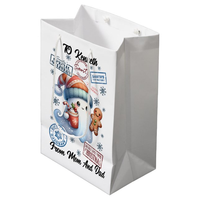Feierlicher Weihnachtsfeier mit Fun-Aufklebern Mittlere Geschenktüte (Vorderseite Schrägansicht)