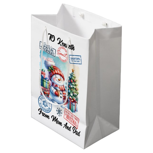 Feierlicher Weihnachtsfeier mit spielerischem Schn Mittlere Geschenktüte (Vorderseite Schrägansicht)