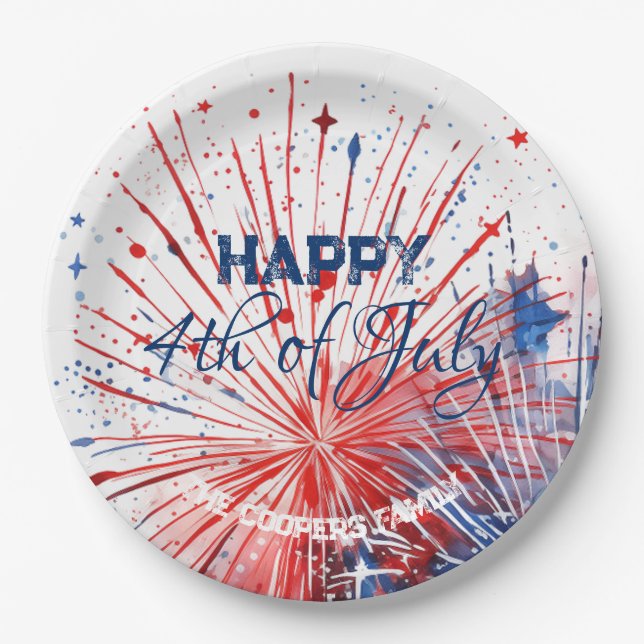 Feierliches Feuerwerk glücklich 4. Juli Benutzerde Pappteller (Vorderseite)