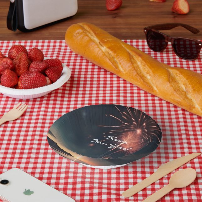 Feierliches Feuerwerk Script Typografie glücklich  Pappteller (Picknick)