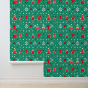 Feierliches Grün und Rotes Weihnachtsmuster Tapete