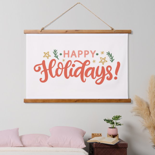 Feierliches Happy Holidays Design Wandteppich Mit Holzrahmen (Schlafzimmer)
