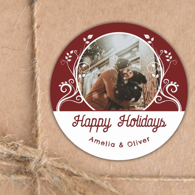 Feierliches Happy Holidays Foliage Red Couple Foto Runder Aufkleber (Von Creator hochgeladen)