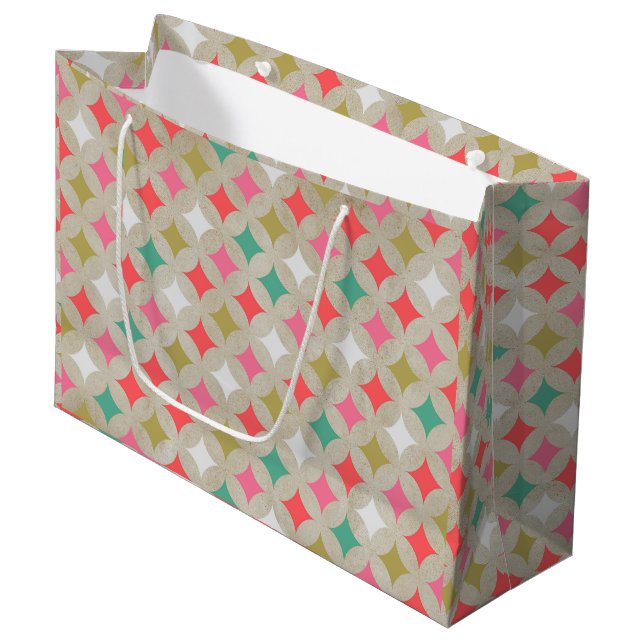 Feierliches Retro-Pastellrosa Grünes Diamantmuster Große Geschenktüte (Vorderseite Schrägansicht)
