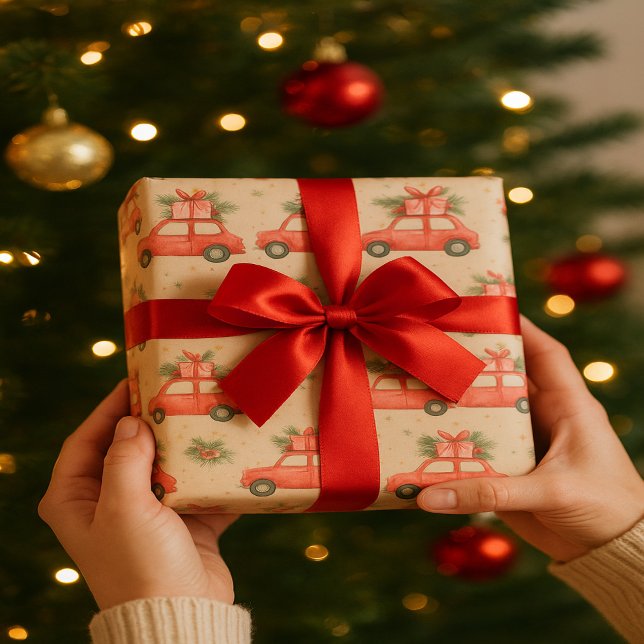 Feierliches Rotes Auto | Weihnachtsgeschenke Urlau Geschenkpapier (Von Creator hochgeladen)