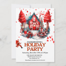 Feierliches Rotes Holiday House Chritsmas Party Einladung