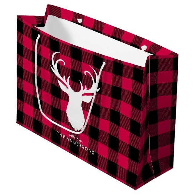 Feierliches Rotes Kariertes Muster Weihnachten Große Geschenktüte (Vorderseite Schrägansicht)