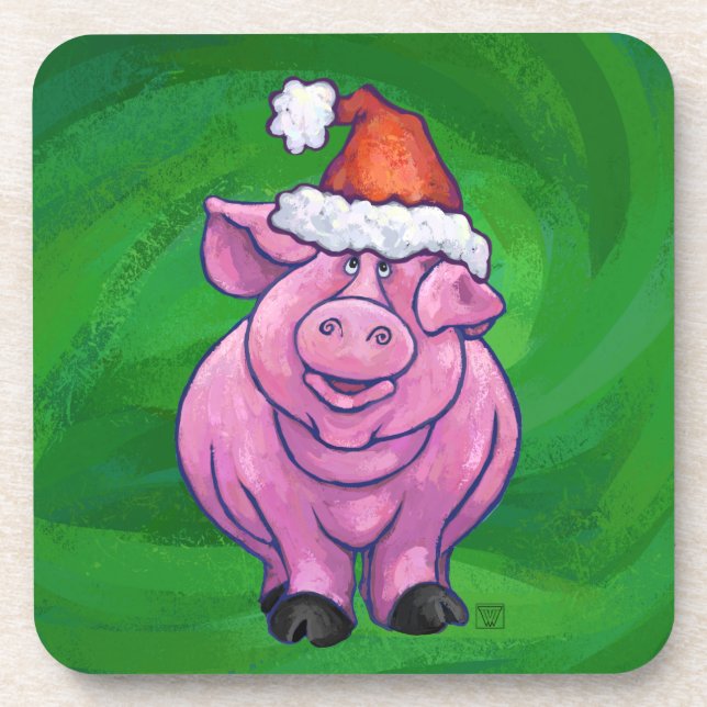 Feierliches Schwein in Weihnachtsmannmütze auf Grü Getränkeuntersetzer (Vorderseite)