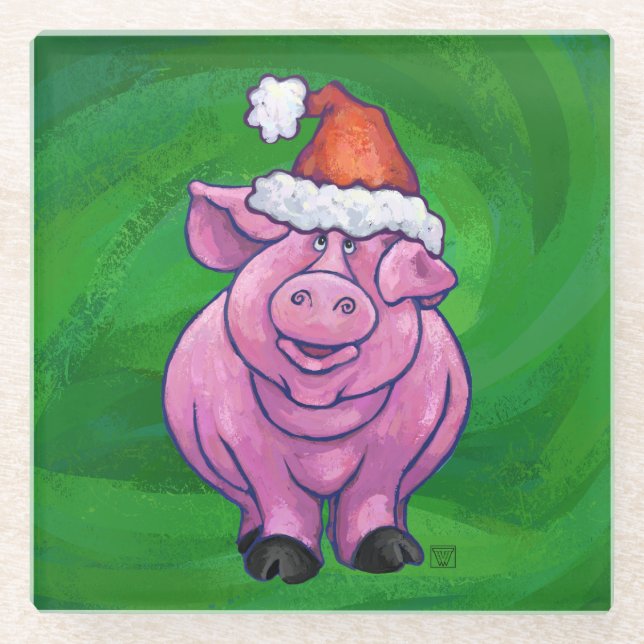 Feierliches Schwein in Weihnachtsmannmütze auf Grü Glasuntersetzer (Vorderseite)