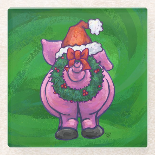 Feierliches Schwein in Weihnachtsmannmütze auf Grü Glasuntersetzer (Vorderseite)