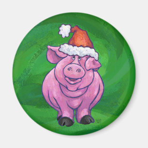Feierliches Schwein in Weihnachtsmannmütze auf Grü Magnet