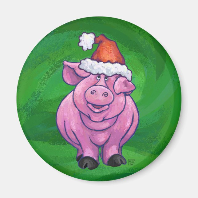 Feierliches Schwein in Weihnachtsmannmütze auf Grü Magnet (Vorne)