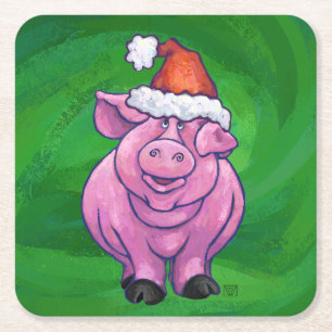 Feierliches Schwein in Weihnachtsmannmütze auf Grü Rechteckiger Pappuntersetzer