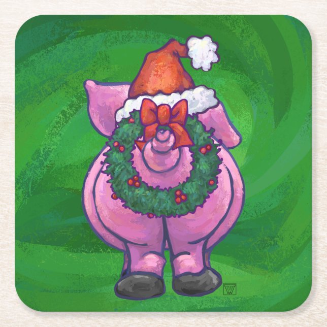 Feierliches Schwein in Weihnachtsmannmütze auf Grü Rechteckiger Pappuntersetzer (Vorderseite)