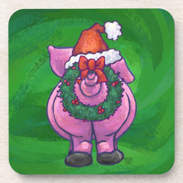 Feierliches Schwein in Weihnachtsmannmütze auf Grü Untersetzer (Vorderseite)