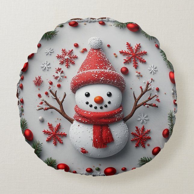 Feierliches Snowman-Design mit Weihnachtsdekoratio Rundes Kissen (Vorderseite)