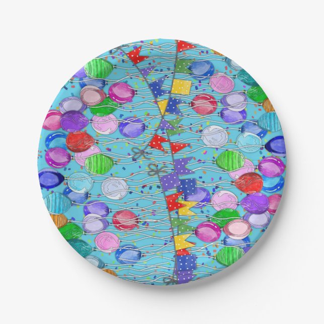 Feierlichkeiten Ballons und Banner Pappteller (Vorderseite)