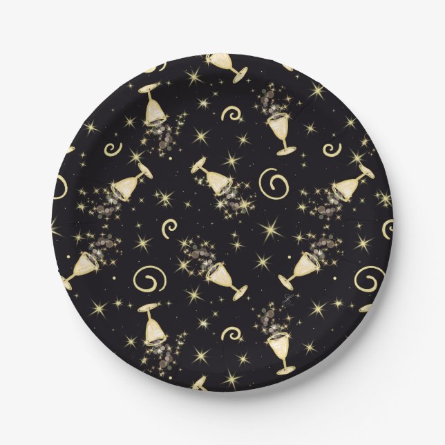 Feierlichkeiten Gold & Black Cocktails & Stars Pappteller (Vorderseite)