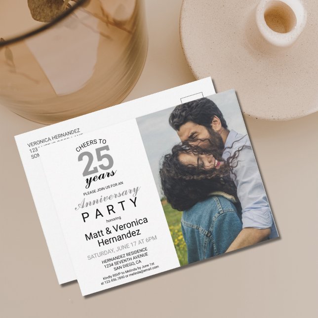 Feiern bis 25 Jahre Silber 25. Jubiläum Invita Postkarte (MODERN CHEERS TO 25 YEARS WEDDING ANNIVERSARY PARTY INVITATION POSTCARD WITH PHOTO)