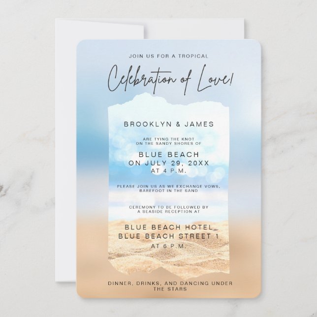 Feiern der Hochzeit am Liebe Beach Einladung (Vorderseite)