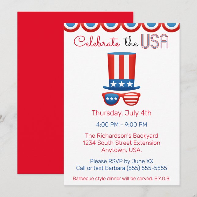 Feiern der USA 4. Juli GRILLEN Party Einladung (Vorne/Hinten)
