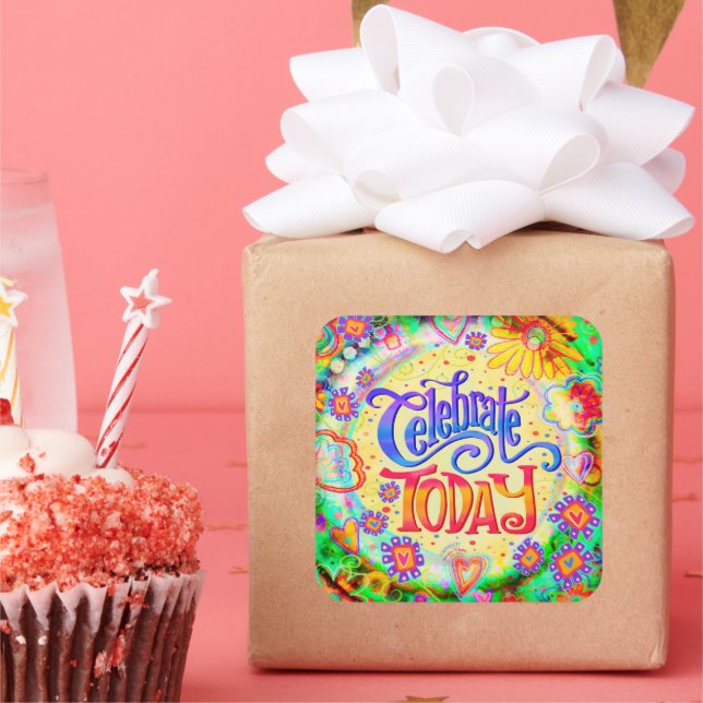 Feiern heute Spaß farbenfrohe Inspirivity Birthday Quadratischer Aufkleber (Party)