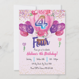 Feiern in Pink: Confetti Ballon 4. Geburtstag Einladung