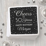 Feiern jedes Jahr Geburtstag Confetti Schwarz und  Serviette<br><div class="desc">Fügen Sie den Geburtstagspartideen eine elegante personalisierte Touch mit diesen individuellen Papierservietten hinzu. Das Design bietet moderne Skriptkalligraphie, anpassbar "Cheers to 50 Years" und silberne Imitate Folie Konfetti Punkte auf einem schwarzen Hintergrund. Dieses Template ist für eine 50. Geburtstagsfeier Set, aber es ist einfach zu personalisieren, um ein anderes Jahr....</div>