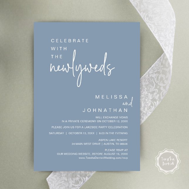 Feiern mit den Neugeborenen, Hochzeitsfeier Einladung (Celebrate With The Newlyweds, Modern Wedding Party Invitation Card, PDF, in Dusty Blue)