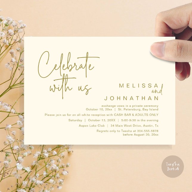 Feiern mit uns, Hochzeitsempfang Cash Bar Einladung (Celebrate with us, Wedding Reception Dinner Cash Bar Adults Only Invitation Card PDF in Yellow Gold)