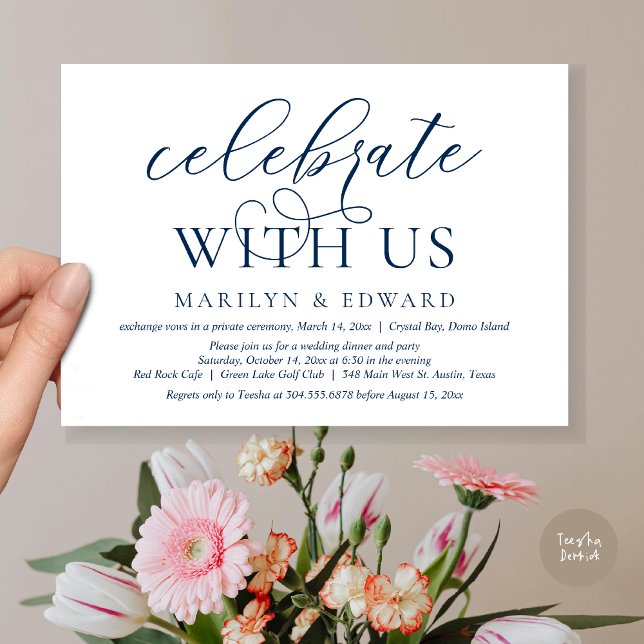 Feiern mit uns, Hochzeitsfeier Party Einladung (Celebrate With Us, Modern Wedding Dinner Invitation Card, PDF, in Navy Blue)