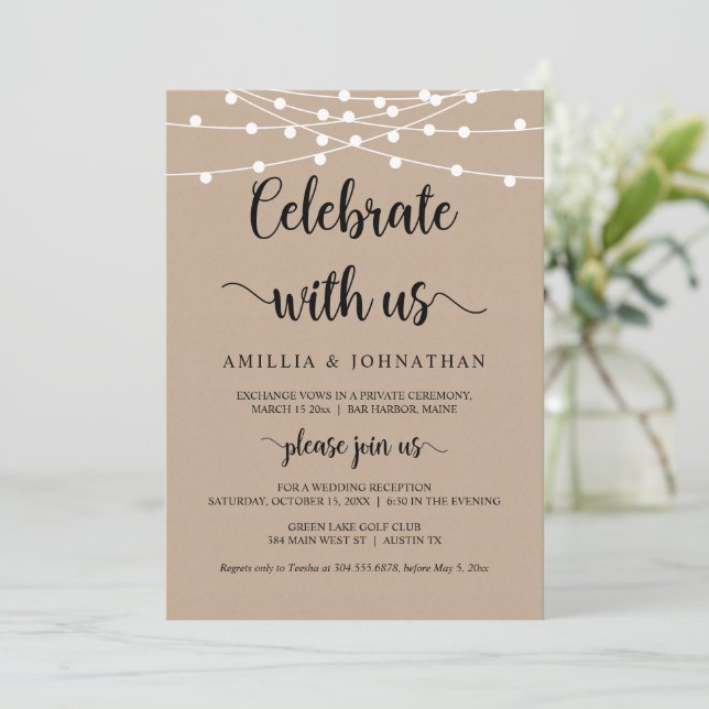 Feiern mit uns, Rustic Elopement Party Invitati Einladung (Stehend Vorderseite)