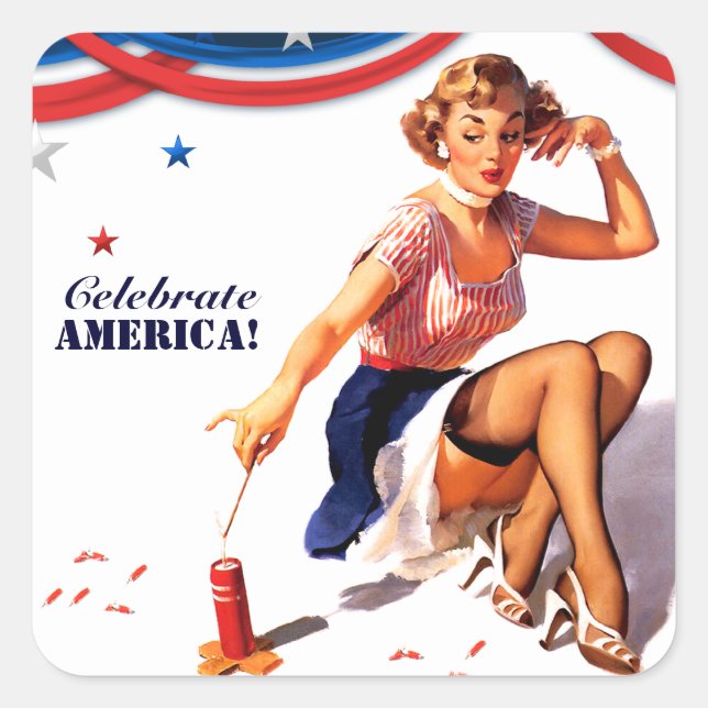 Feiern Sie Amerika. 4. Juli Retro-Button Quadratischer Aufkleber (Vorderseite)