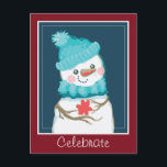 Feiern Sie den Holidays Snowman in Top Hat Postkarte<br><div class="desc">Digital gefärbter Schneemann in blau gestreiftem Schal und blau gestrickter Hut. Er hält eine Blume,  die mit Abstand geschenkt wird. Anpassbare Textoptionen auf Vorder- und Rückseite der Karte. Kunstwerk von Valarie Wade.</div>