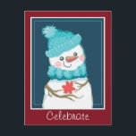 Feiern Sie den Holidays Snowman in Top Hat Postkarte<br><div class="desc">Digital gefärbter Schneemann in blau gestreiftem Schal und blau gestrickter Hut. Er hält eine Blume,  die mit Abstand geschenkt wird. Anpassbare Textoptionen auf Vorder- und Rückseite der Karte. Kunstwerk von Valarie Wade.</div>
