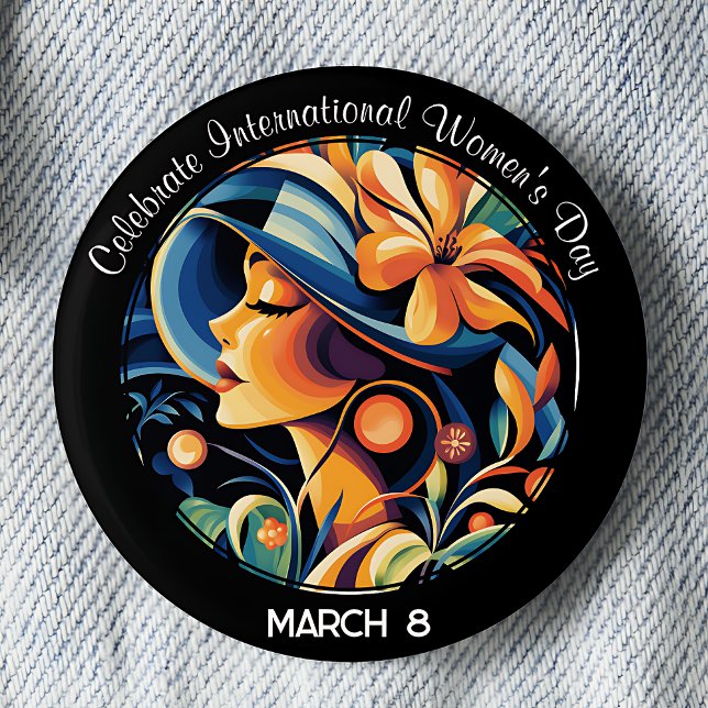 Feiern Sie den Internationalen Frauentag Button (Art Deco, Vintage inspired, Celebrate International Women's Day March 8 pinback button.)